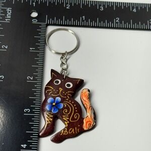 Handcrafted‎ Bali Cat Keychain Wooden Charm Decorative Animal Pendant